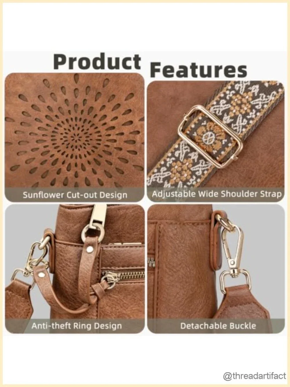 Faux Leather Crossbody Bag with Wide Guitar Strap, Multi Pocket